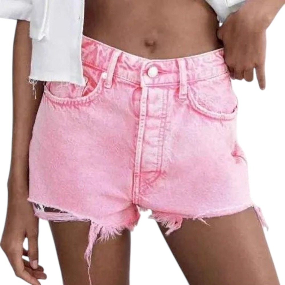ZARA Frayed High Rise Denim Shorts Women 4 Pink Acid Wash Cut Off Barbiecore NEW